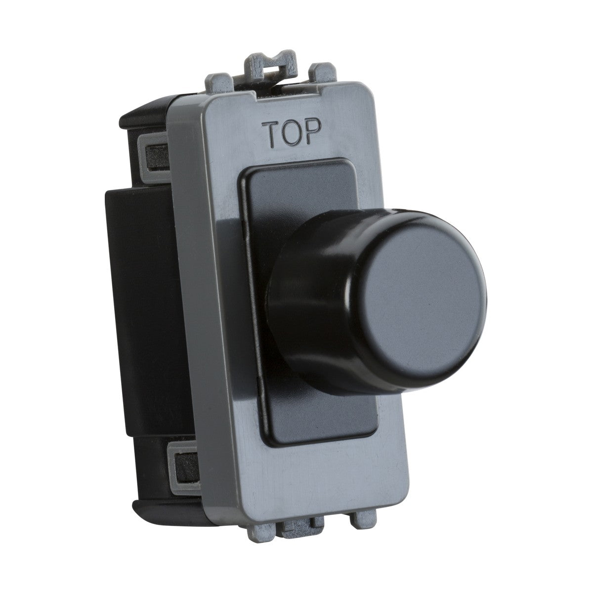 The 2-Way 10-150W (5-150W LED) Intelligent Dimmer in matt black features a round knob and is designed for LED dimmable lamps. It is mounted on a rectangular metallic base labeled TOP and has an IP20 rating, ensuring it integrates seamlessly with the Knightsbridge grid wiring system for enhanced compatibility and safety.