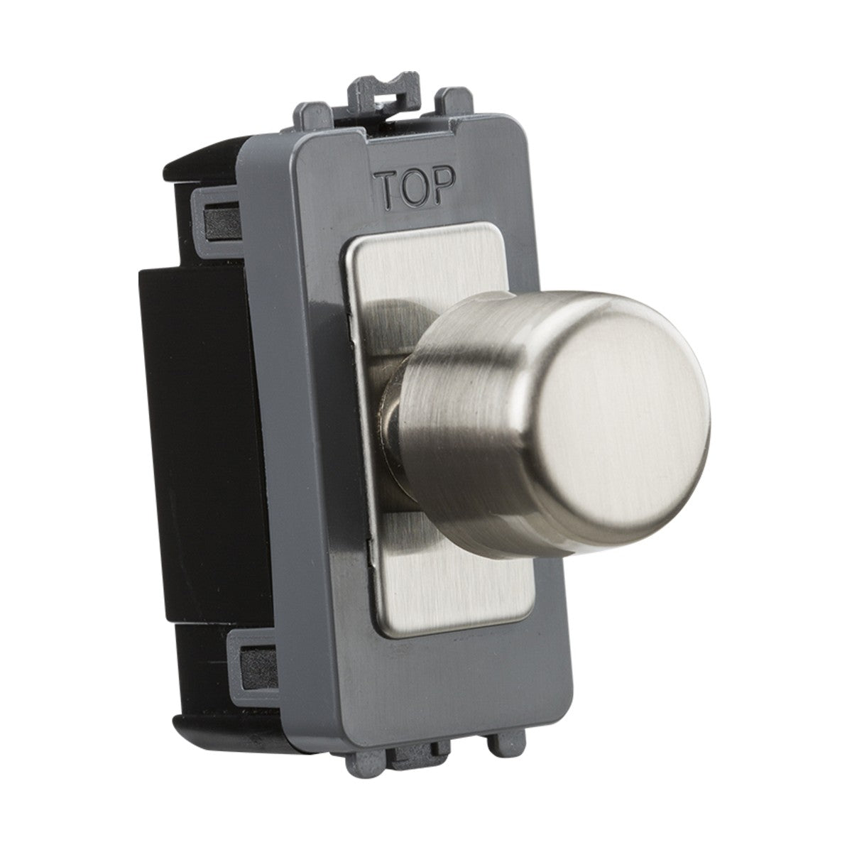 The 2-Way 10-150W (5-150W LED) Intelligent Dimmer in Brushed Chrome features a metallic rotary switch with a sleek, brushed finish, mounted on a gray plastic rectangular base that has 'TOP' embossed at the top. As part of the Knightsbridge grid wiring system, this dimmer is ideal for wall installation and is compatible with LED dimmable lamps.