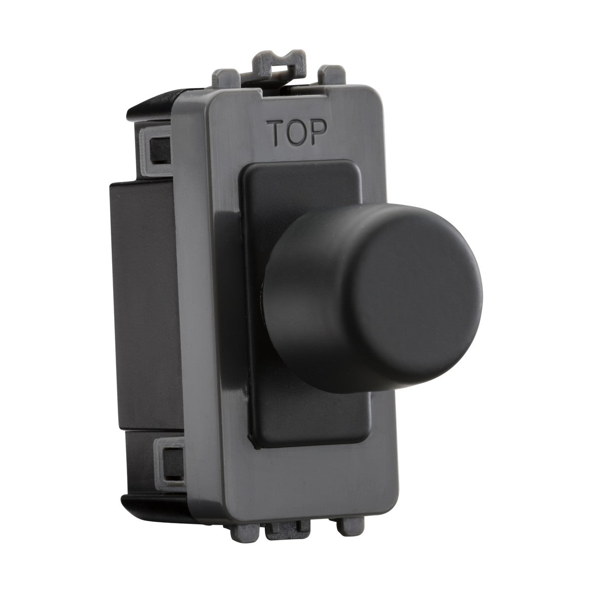 The 2-Way 10-150W (5-150W LED) Intelligent Dimmer in Anthracite features a rotary action with a round knob, designed for wall plate installation. It is compatible with LED dimmable lamps and has the word TOP imprinted above the knob. Displayed at an angle to highlight its depth and profile, it is ideal for Knightsbridge grid wiring setups.