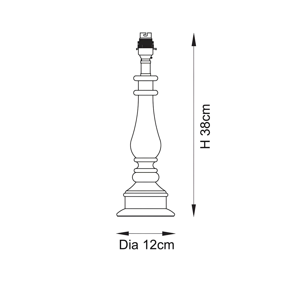 Dimension diagram of the Endon Carlworth table lamp base showing a turned spindle shape, 380mm height and 120mm diameter, on a white background.