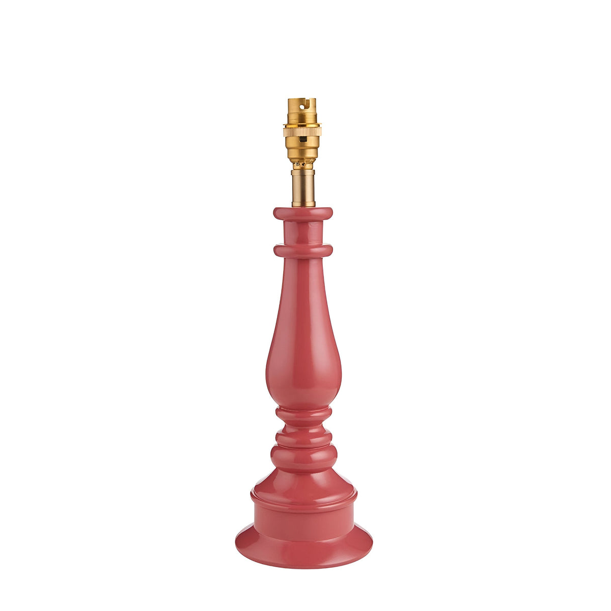 Endon Carlworth table lamp base in high gloss pink turned spindle resin with brass B22 lamp holder, shown on a plain white background.