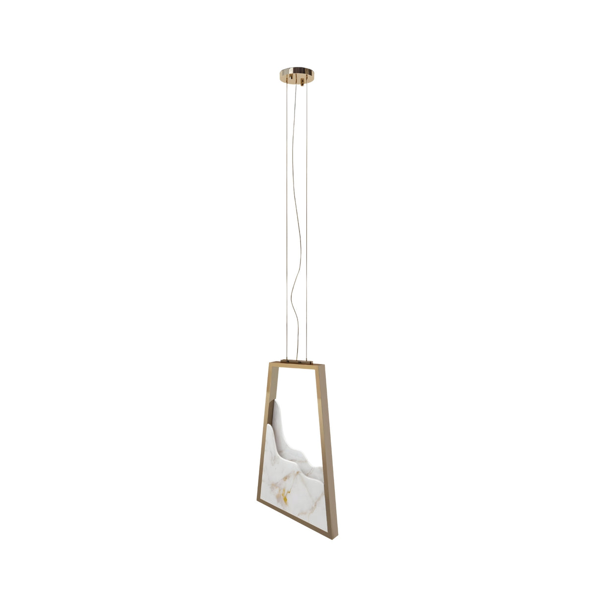 The Atria LED Alabaster Single Pendant Light in Brushed Brass features a modern, asymmetrical design with a marble-esque alabaster insert and thin suspension wires, making it ideal for contemporary lighting schemes.