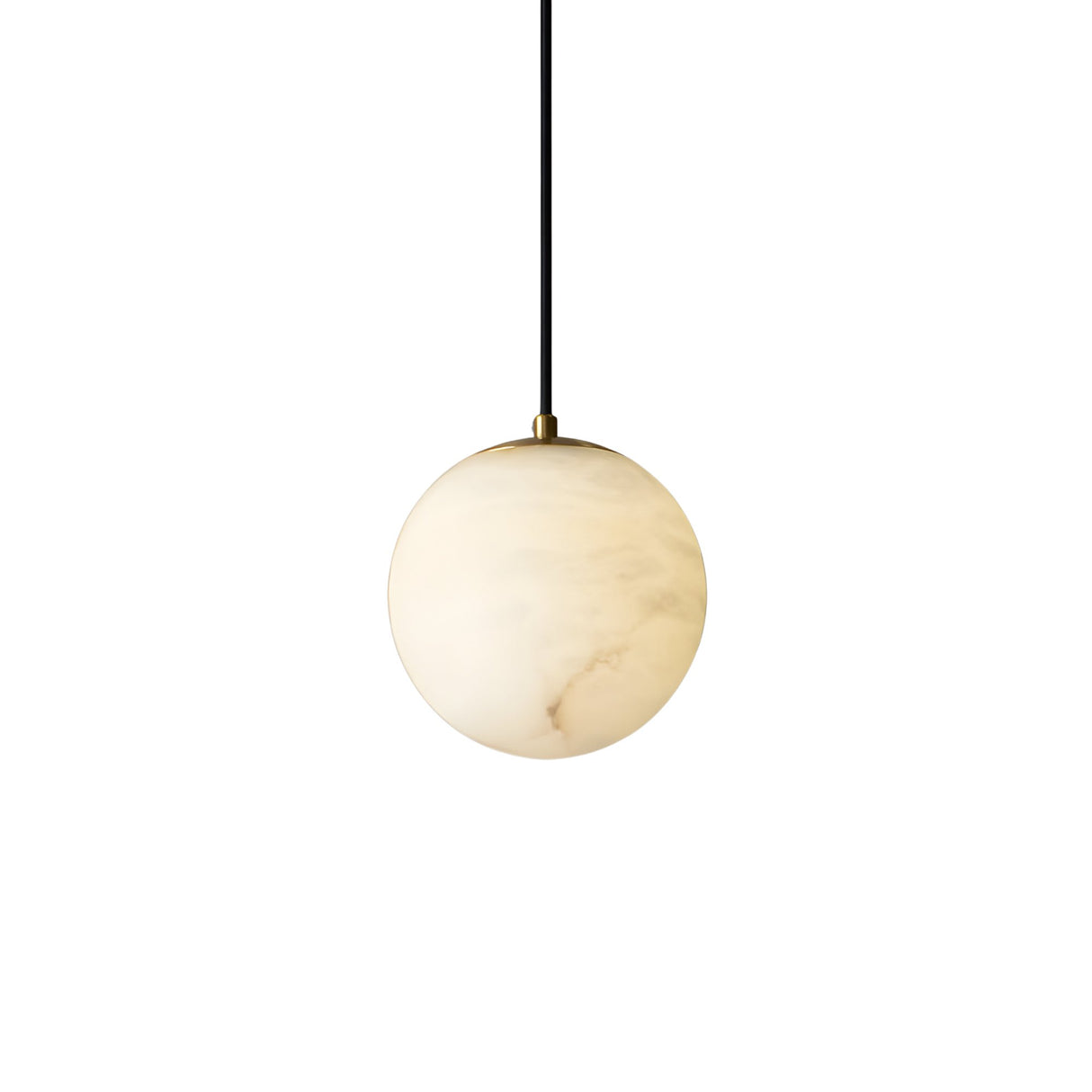Niori Lyvane Extra Small Alabaster Globe Pendant Light with a spherical white alabaster shade, brushed brass cap and black cable, on a white background.