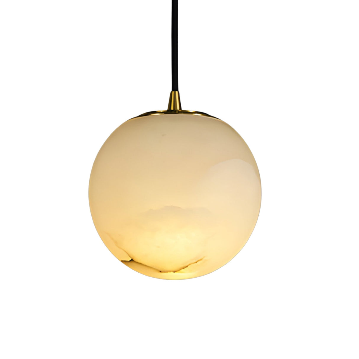 The Lyvane 1 Light Extra Small Globe Alabaster Single Pendant Light in soft white features a smooth, glossy alabaster shade with a black cord and gold cap for a modern touch.