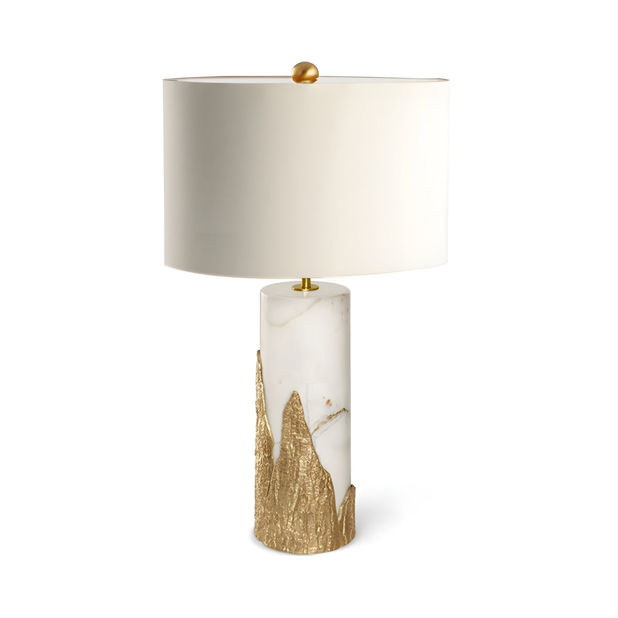 The Arvello 1 Light Fluted Base Marble Table Lamp features a soft white cylindrical marble base with brass accents, paired with a large round white shade and finished with an elegant gold finial.