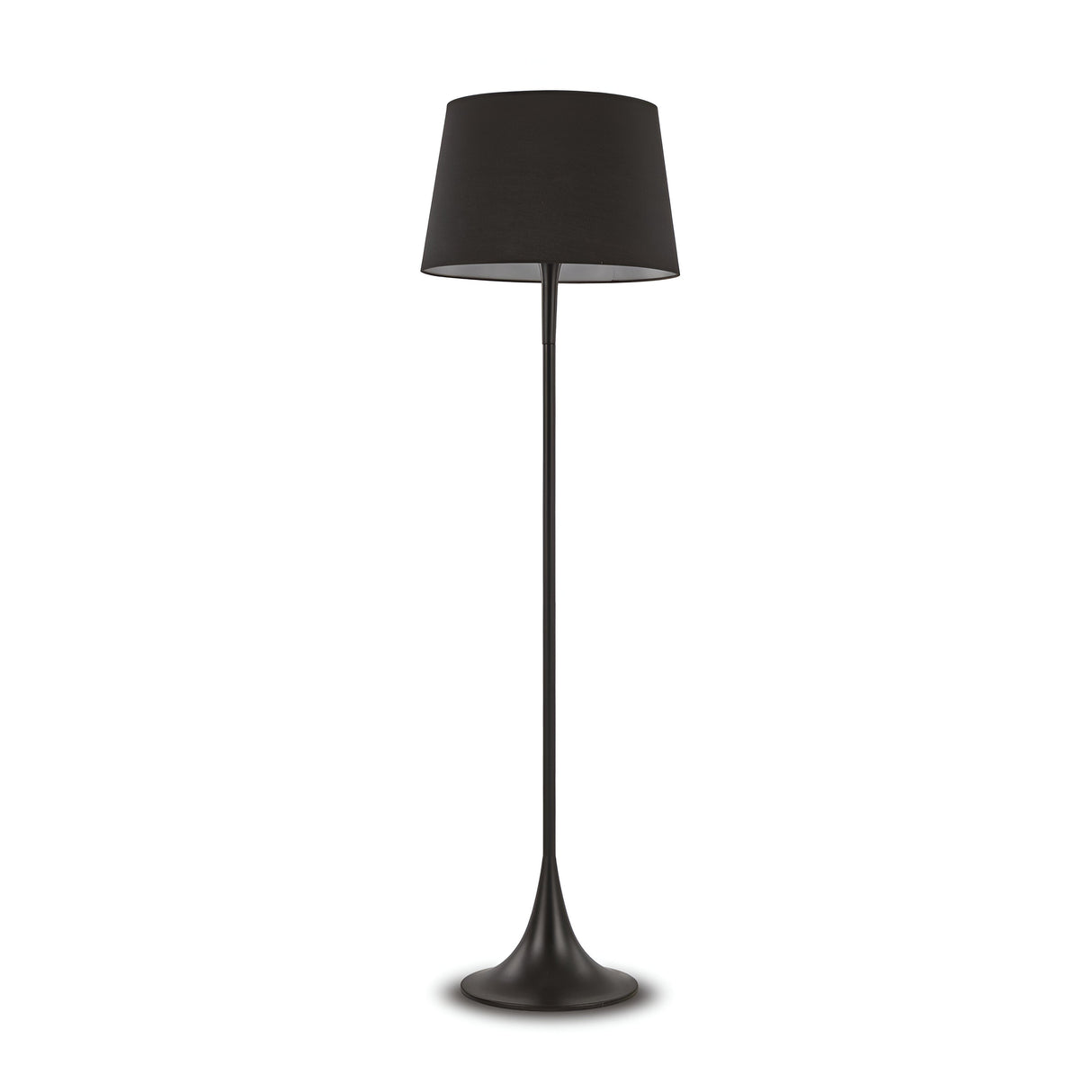 The Arc Floor Lamp - Black exudes minimalist elegance with its wide, rounded base and drum-shaped lampshade. Its sleek design offers modern lighting through a smooth, slender pole connecting the base to the shade, all presented on a plain white background.