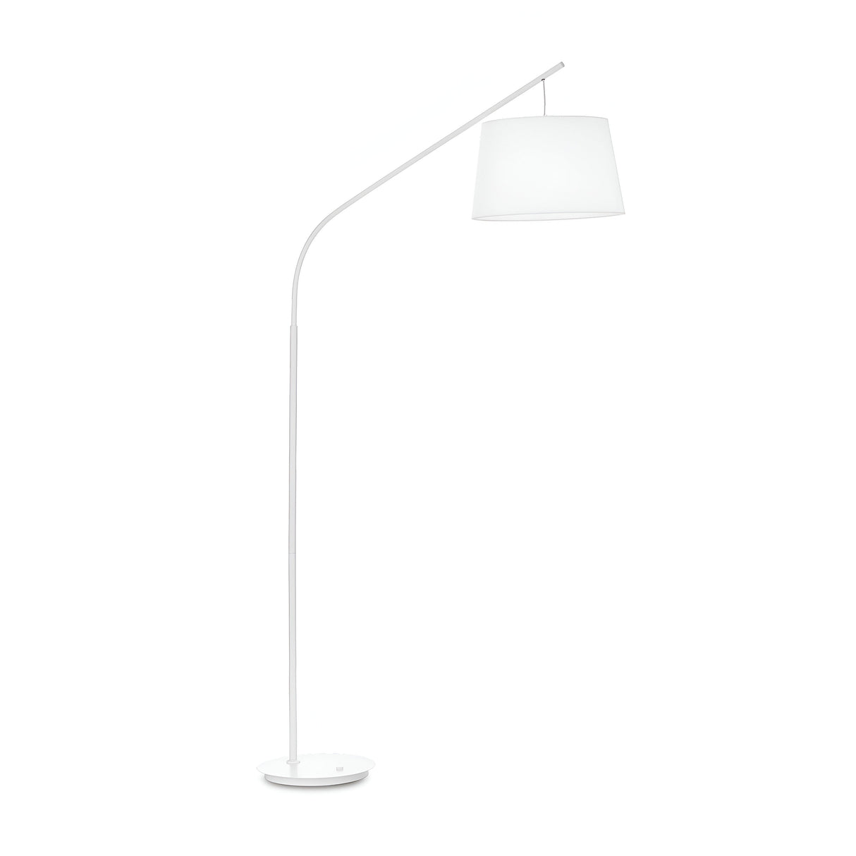 The Luna Floor Lamp - White is ideal for Scandinavian-inspired interiors, boasting a minimalist design with a curved stand and conical lampshade. It delivers ambient light against a plain background, radiating sleek modernity.