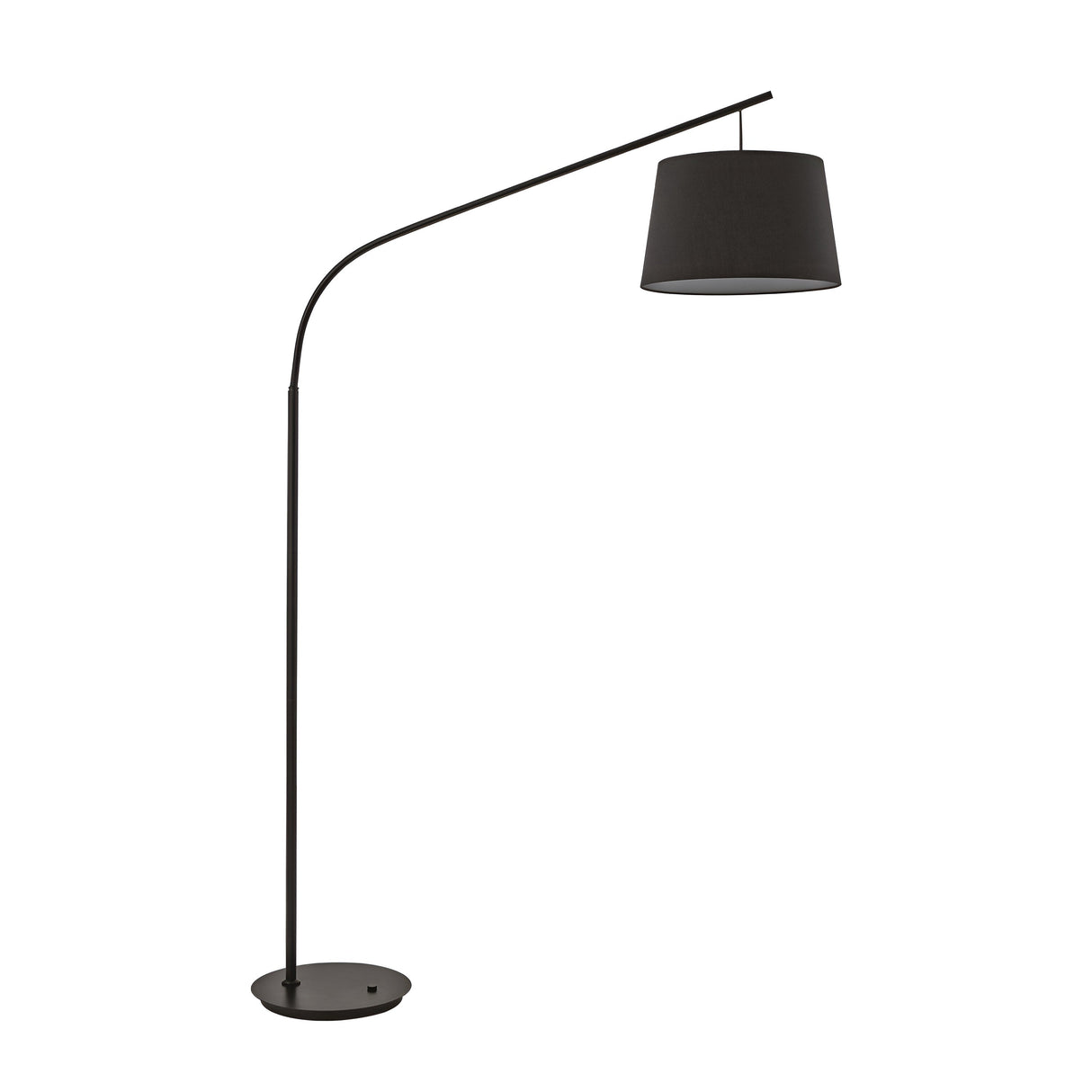 Introducing the Luna Floor Lamp - Black: a stunning example of modern design. This sophisticated fixture merges ambient lighting with a sleek, curved black metal stand and a drum-shaped black lampshade. Its minimalist style, paired with a flat base for stability, beautifully enhances any contemporary space.