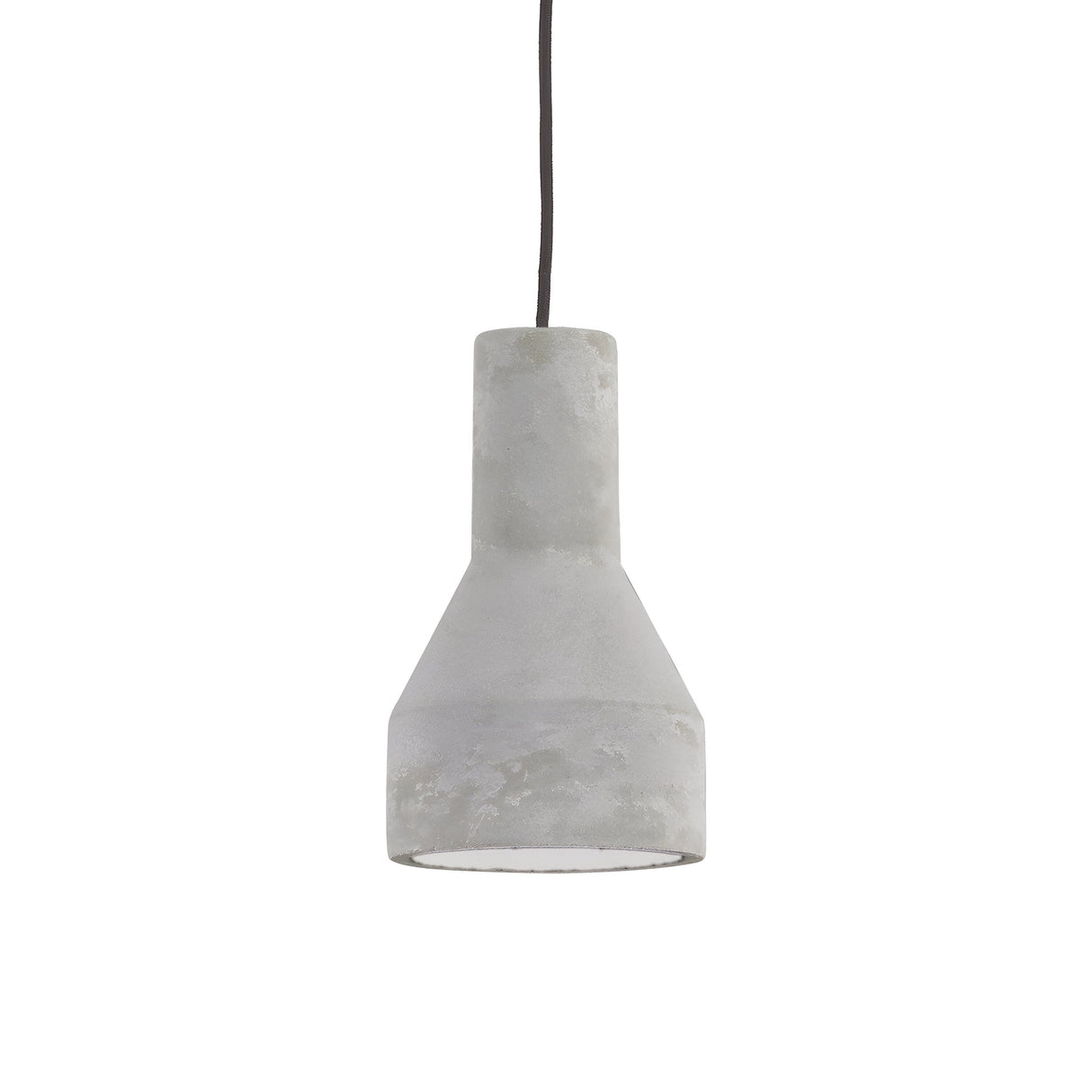 The Rove-1 1 Light Pendant - Grey features a sleek, cylindrical concrete shade suspended from a black cord, showcasing industrial lighting against a pristine white backdrop.