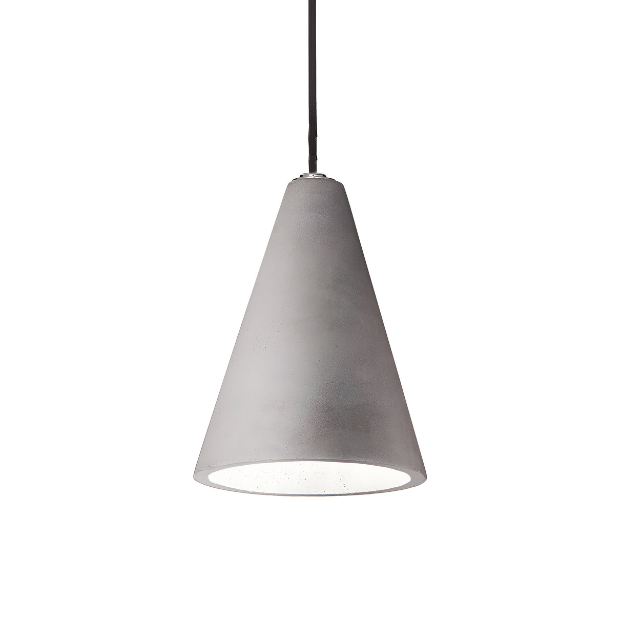 The Rove-2 1 Light Pendant - Grey features a minimalist cone-shaped design with a sleek gray concrete finish and is suspended from a black cord, set against a simple white background.
