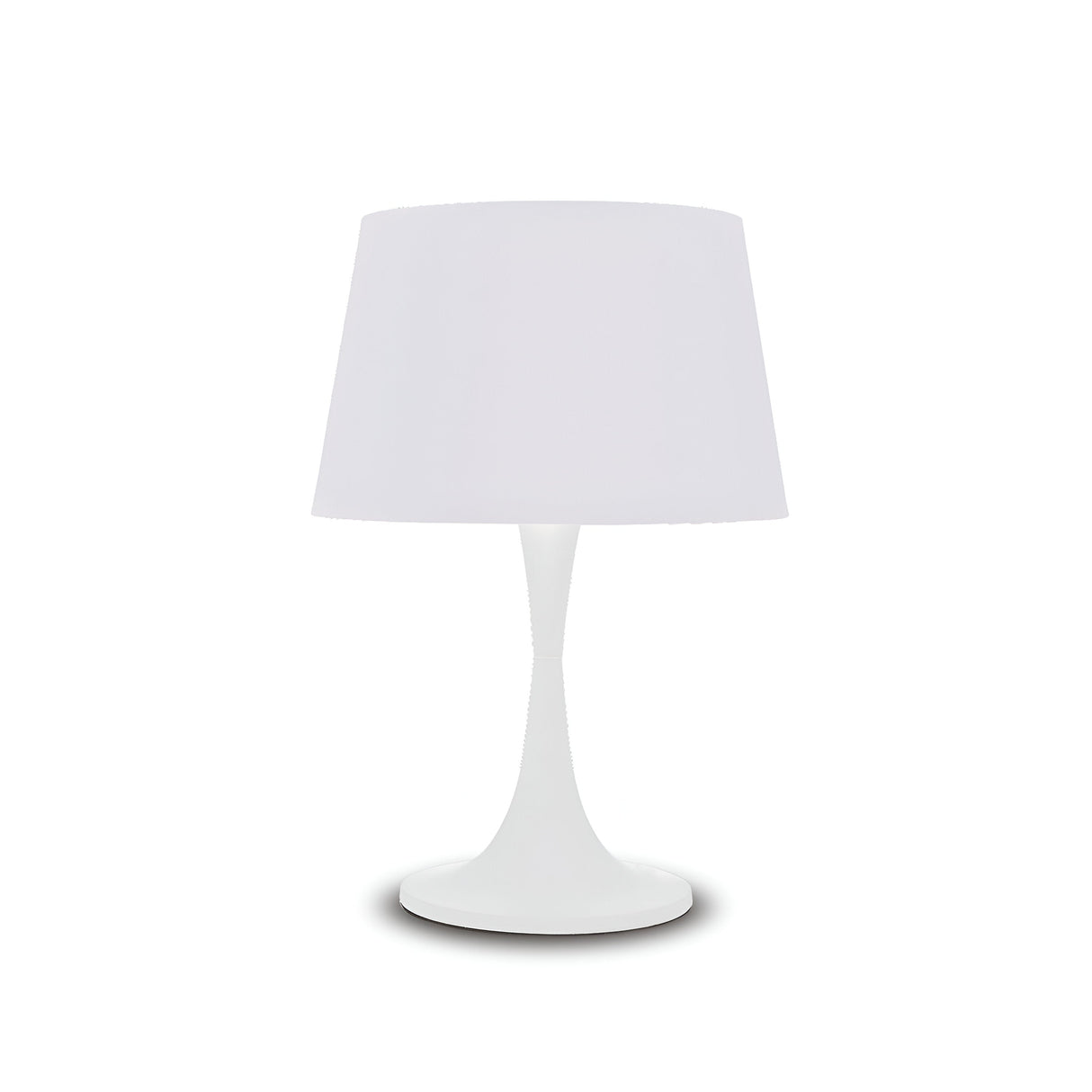 The Arc Large Table Lamp - White embodies minimalist design with its sleek white look, characterized by a smooth, curved base and a simple, wide lampshade. It's an ideal piece for modern interiors, presenting itself gracefully against a plain white background.