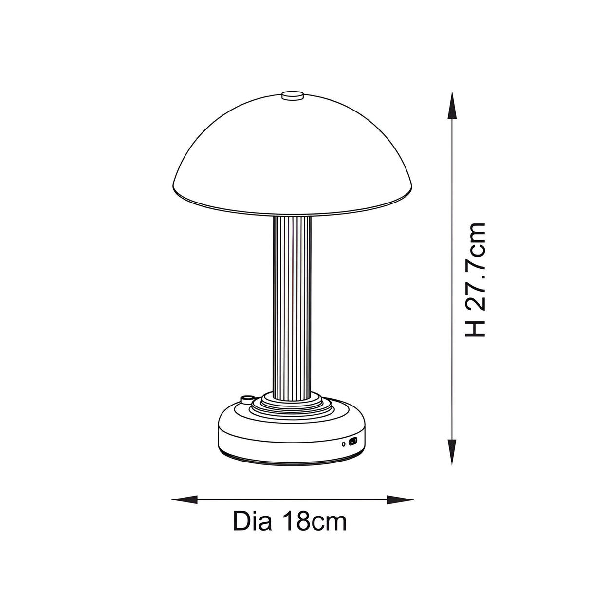 Dimension diagram of the Endon Ashfield LED table lamp showing a mushroom-domed shade on a ribbed stem, measuring 27.7cm high and 18cm diameter.