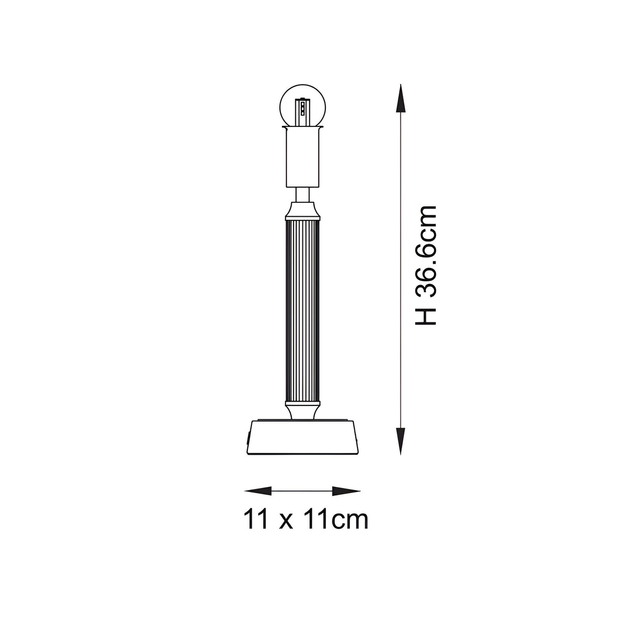 Dimension diagram of the Endon Cranwick LED table lamp base, showing 36.6cm height and 11 x 11cm square footprint with reeded stem.