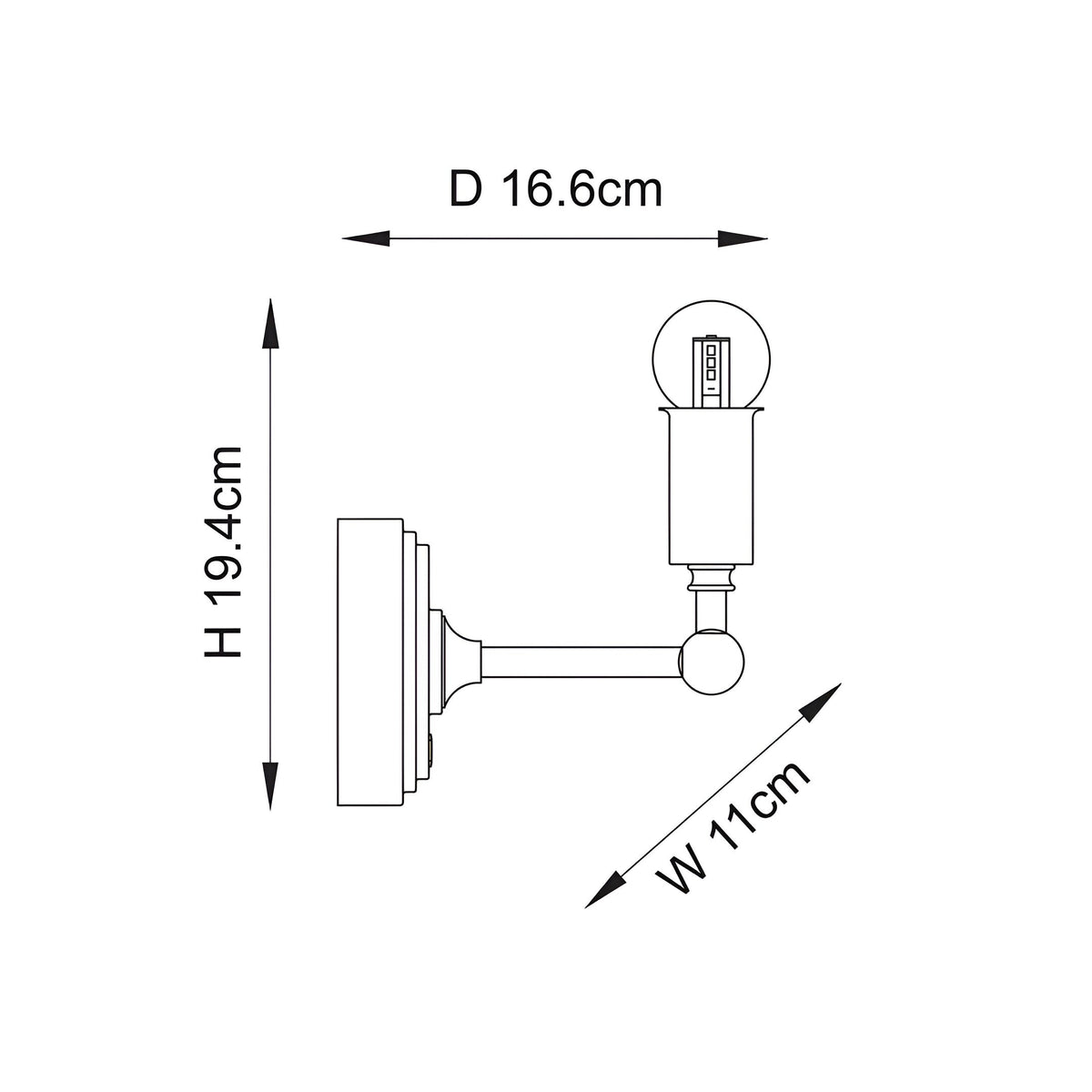Dimension diagram of Endon Ashstead LED rechargeable wall light in aged brass, showing 19.4cm height, 11cm width and 16.6cm projection.