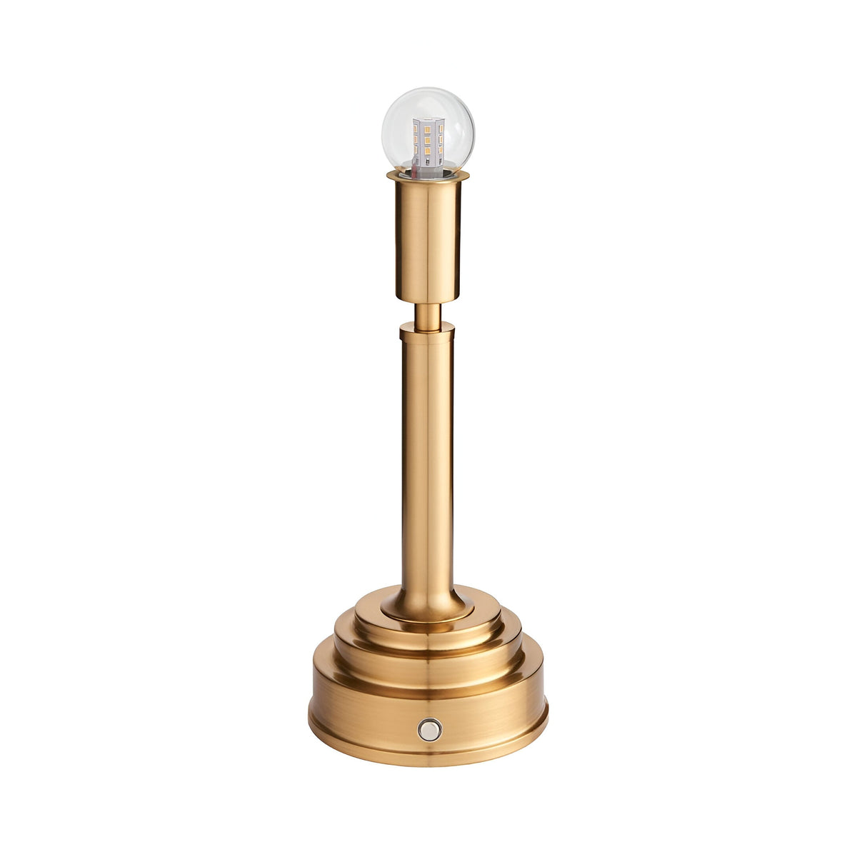 Danebourne LED Table Lamp in brushed brass with a stepped cylindrical base and exposed globe bulb, shown on a plain white background.