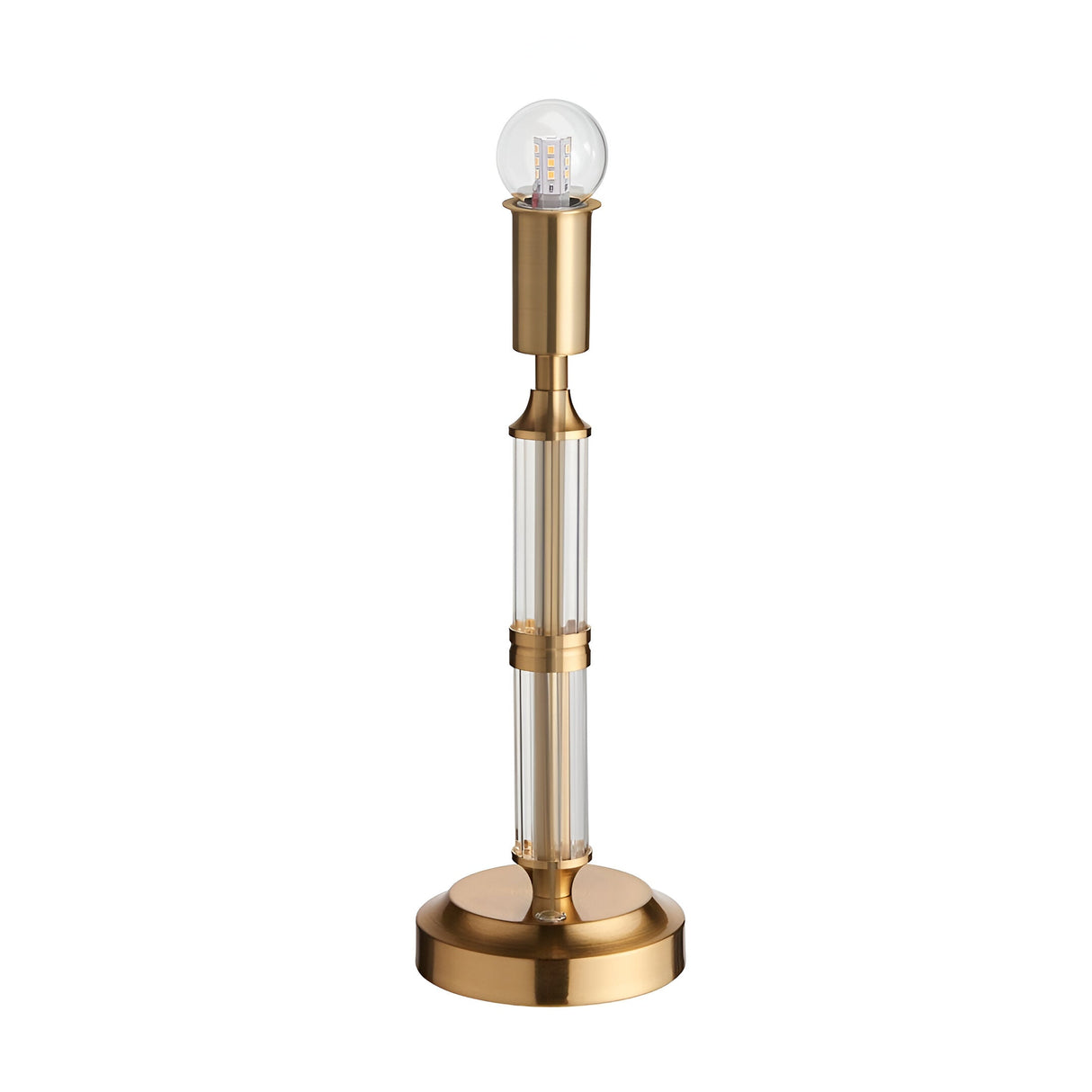 Endon Carlwood LED table lamp in brushed aged brass with clear acrylic column detail and exposed globe bulb, on a plain white background.