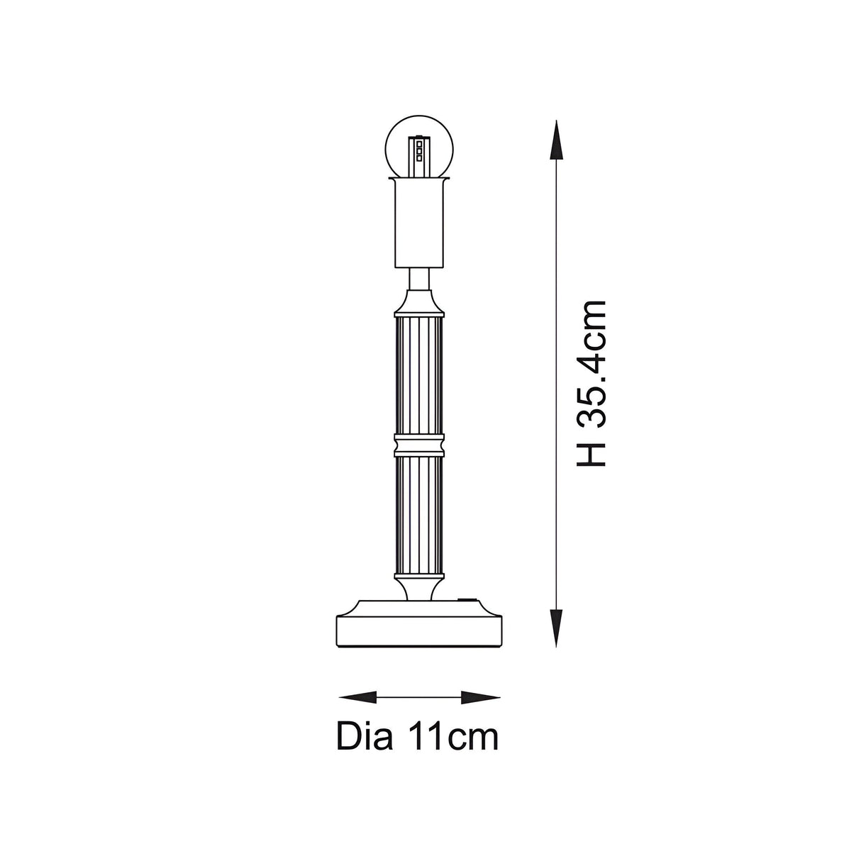 Dimension diagram of the Endon Carlwood LED table lamp in brass, showing height 35.4cm and diameter 11cm on a white background.