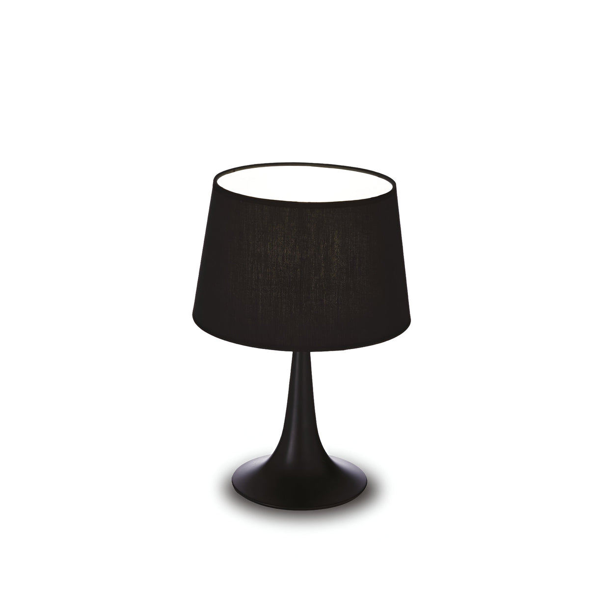 The Arc Small Table Lamp - Black features a wide, round base and a black fabric lampshade that embody a minimalist aesthetic. Positioned perfectly against a white background, it effortlessly complements modern interiors.
