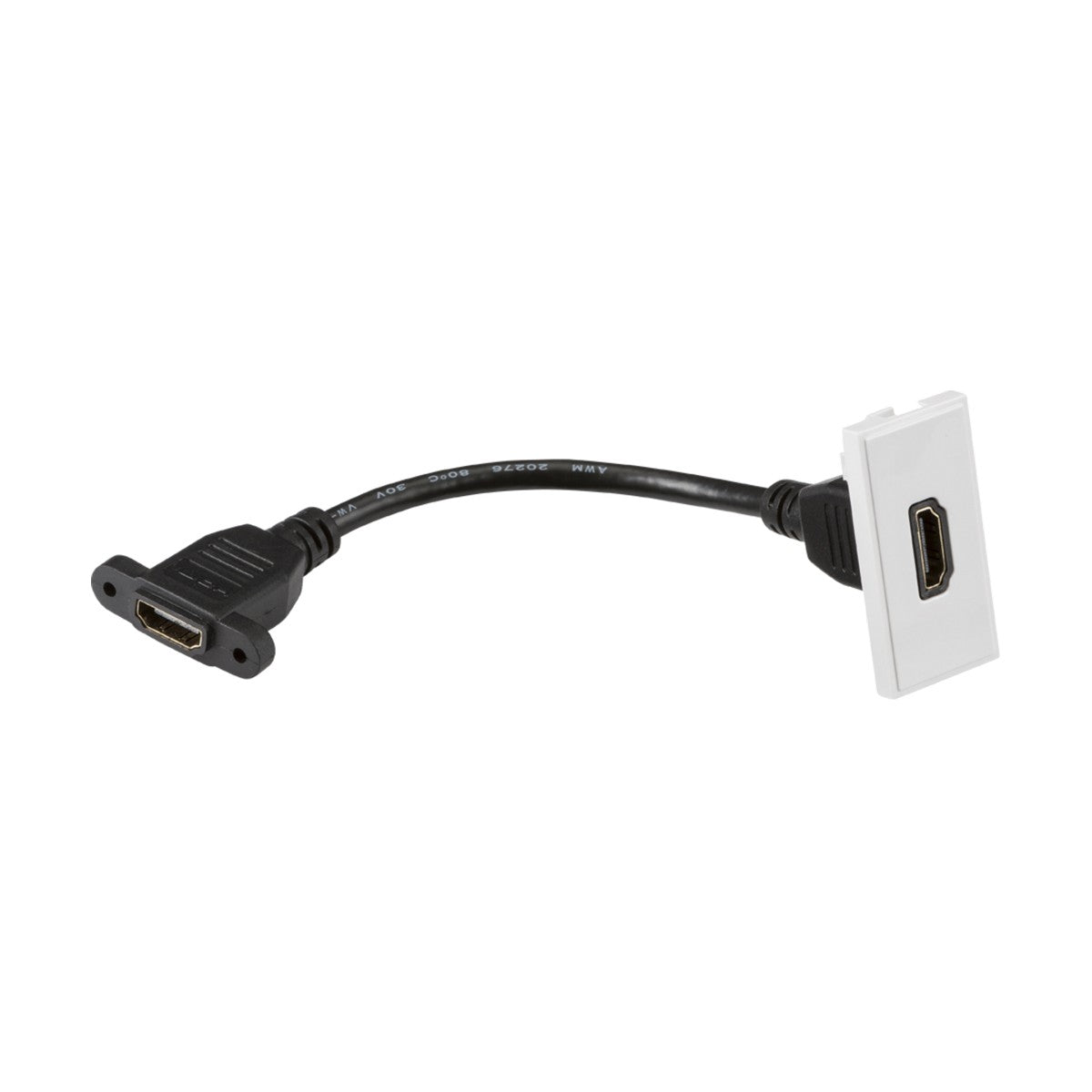 An HDMI Outlet Module 25 X 50mm - White, featuring a short black cable with a male HDMI connector on one end and a wall plate adapter with a female port on the other. The white, rectangular wall plate is specifically designed to fit euro-module faceplates and supports HDMI v1.4 for seamless connectivity.