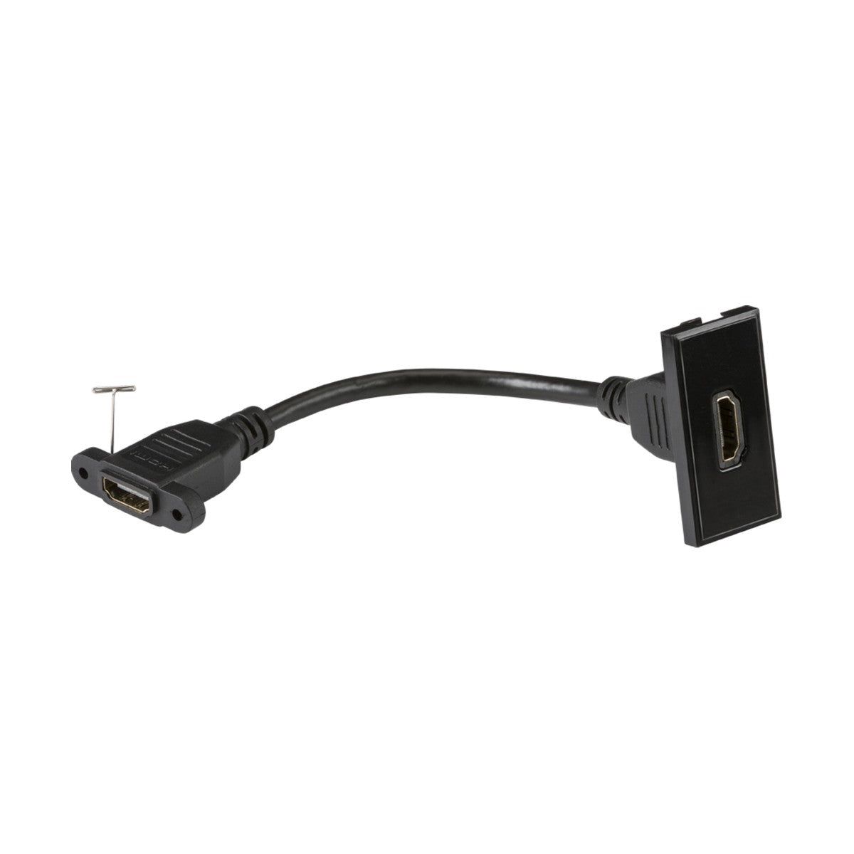 The HDMI Outlet Module 25 X 50mm in black includes a flexible adapter cable with a panel mount HDMI socket on one end and a standard HDMI port on the other, designed for compatibility with euro-module faceplates, featuring a visible pin near the panel mount end.