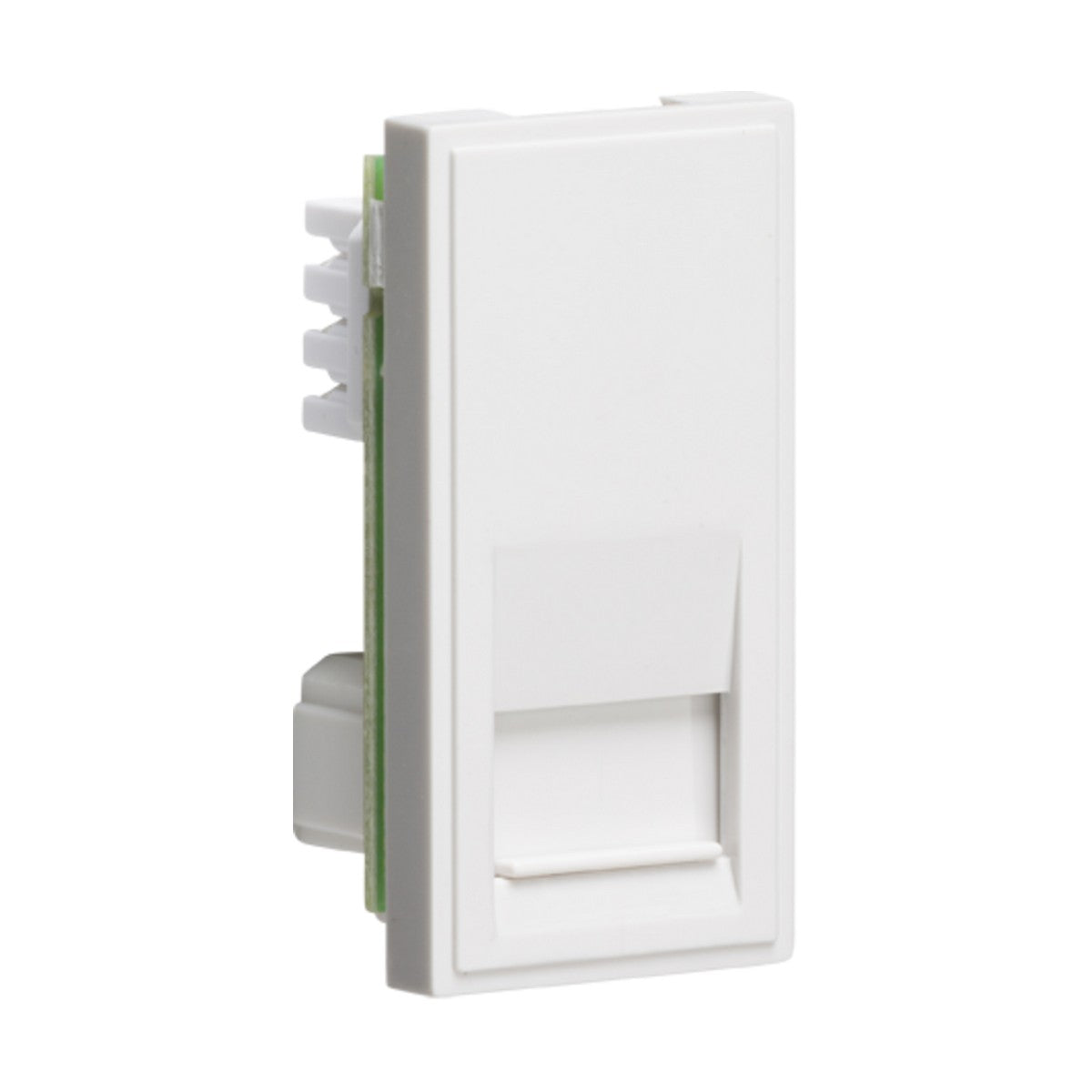 A Telephone Secondary Outlet Module 25 x 50mm in white, with an angled view, showcases its side and back components along with IDC terminals for easy installations.