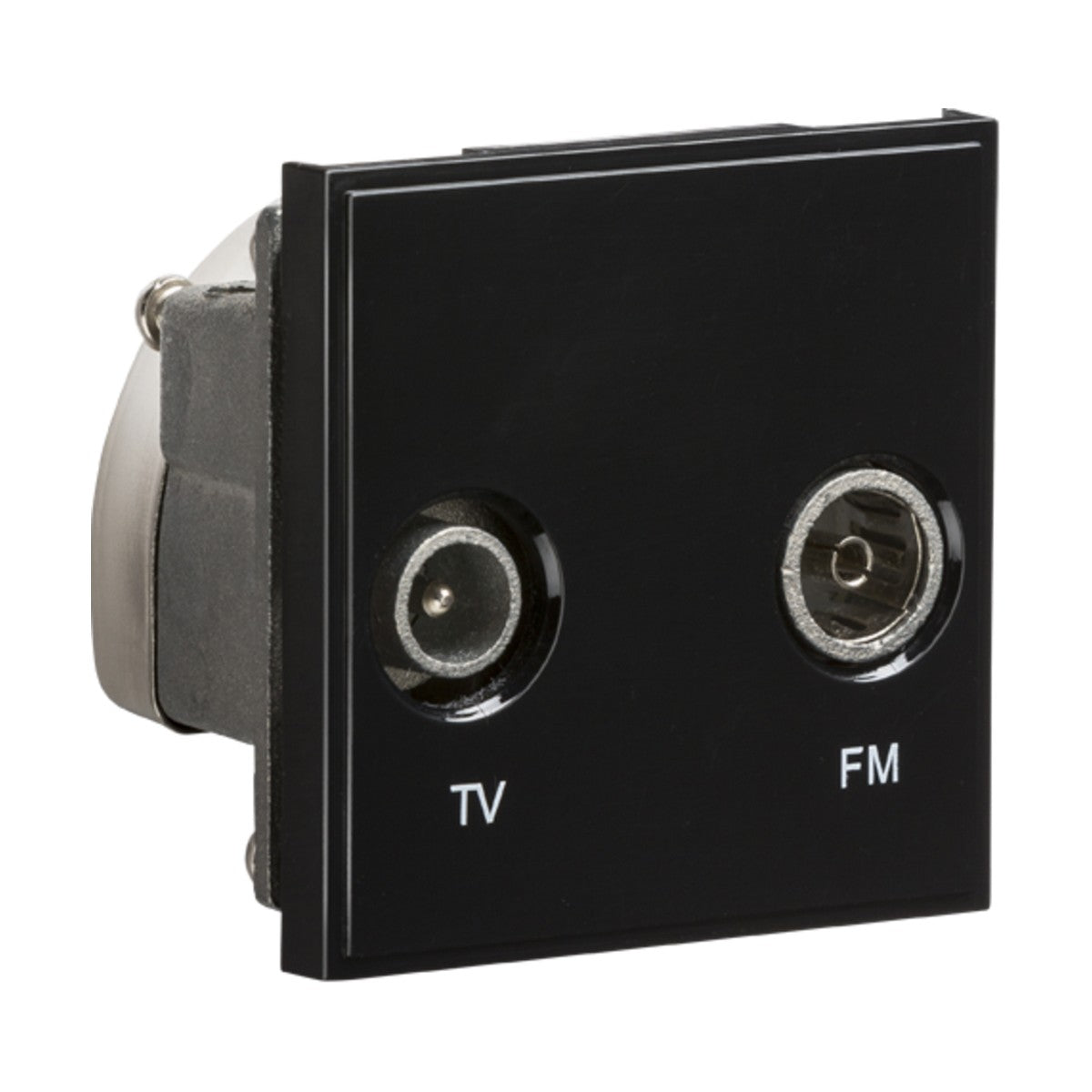 The Diplexed TV/FM DAB Outlet Module in black, measuring 50 x 50mm, features two circular ports labeled TV and FM for optimal connectivity. It is equipped with a fully screened, metallic side casing to ensure low loss performance, making it ideal for DAB aerial connections.