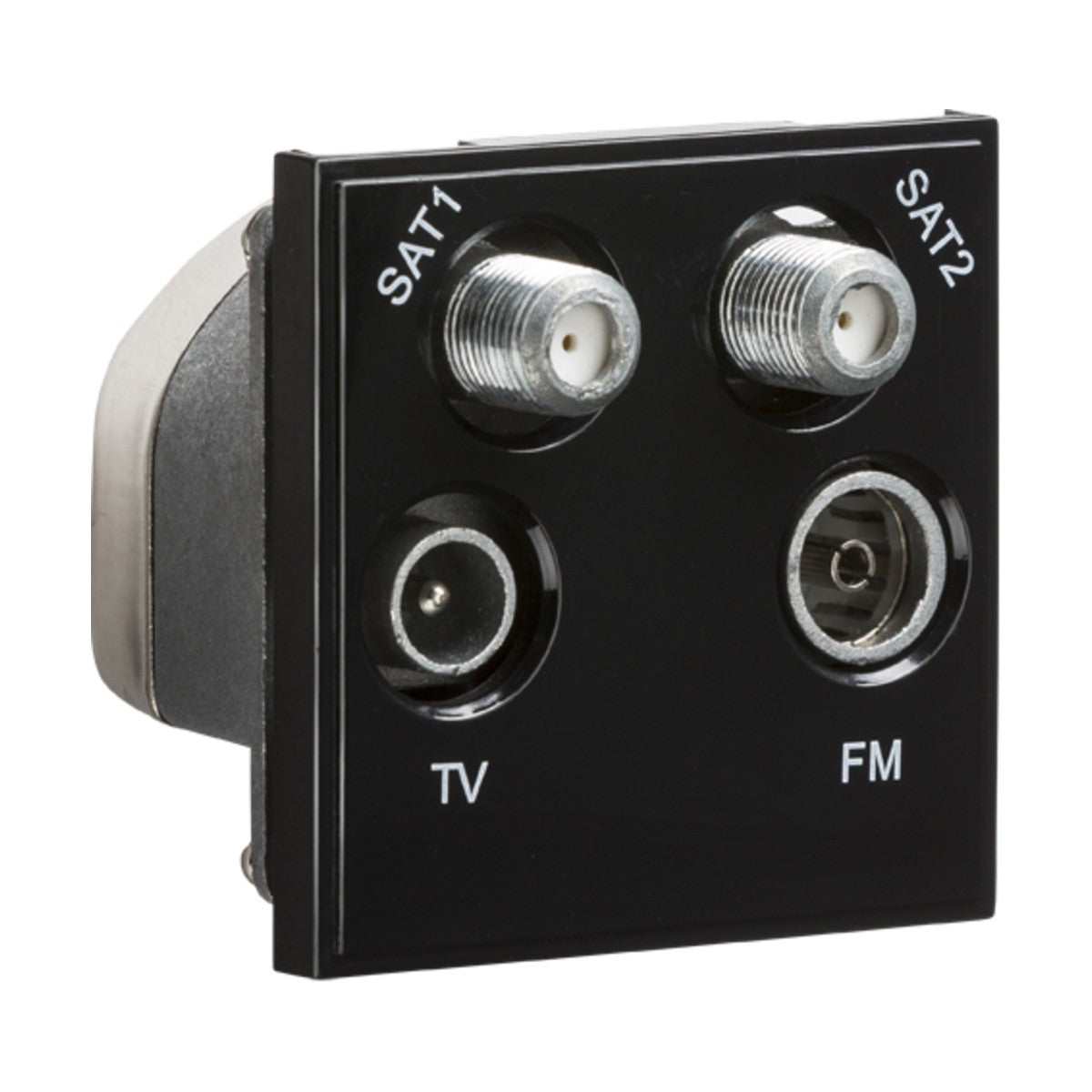 The Quadplexed SAT1/SAT2/TV/FM DAB Outlet Module 50 x 50mm in black is a stylish wall socket featuring four fully screened circular ports labeled SAT1, SAT2, TV, and FM. It's ideal for connecting your satellite TV aerial or other Sky applications. The unit has a glossy finish with crisp white text for easy identification.