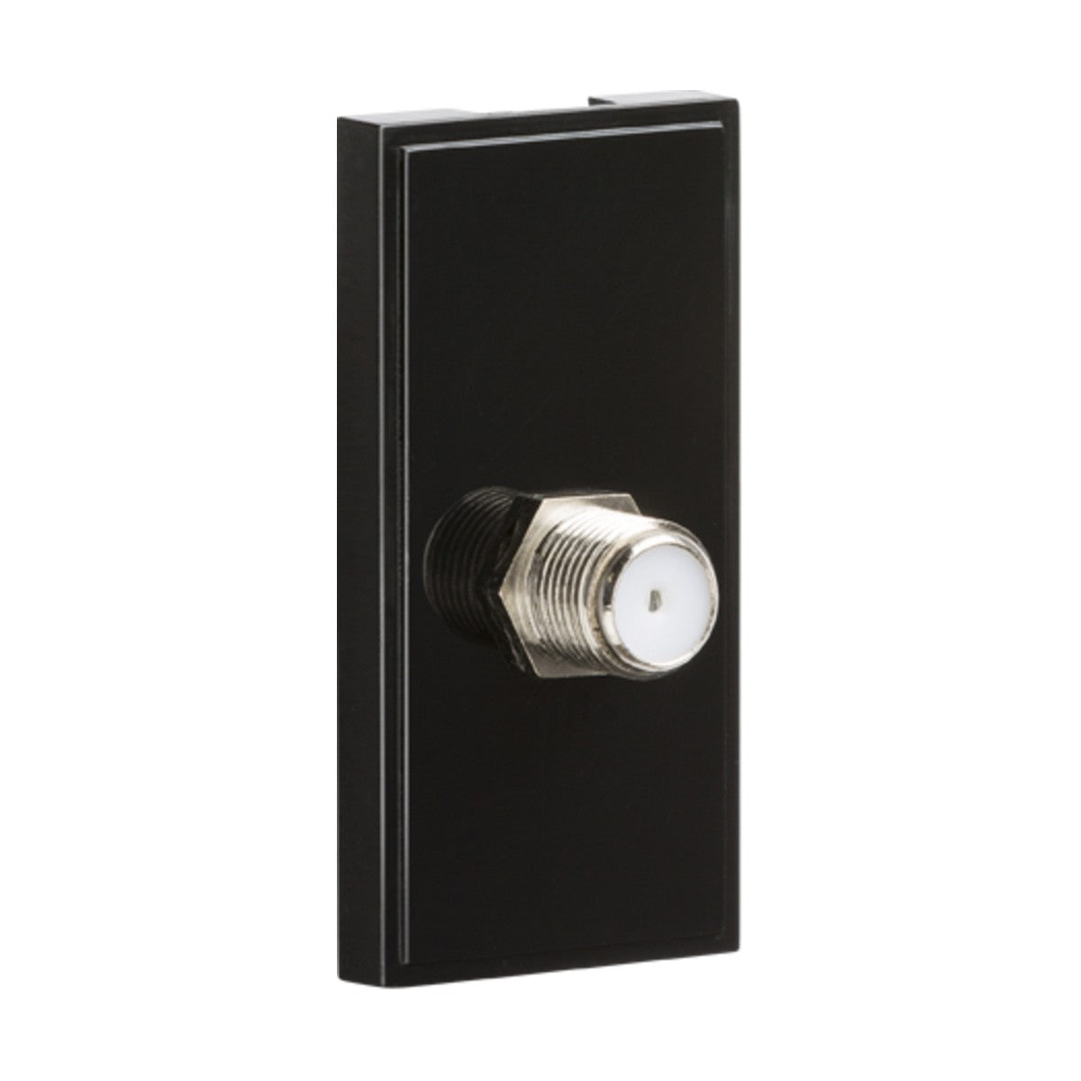 The SAT TV Outlet Module 25 X 50mm in black features a sleek design with an F-type coaxial connection at its center. This rectangular module seamlessly integrates into euro-module faceplates, providing a contemporary solution for SAT TV outlets.