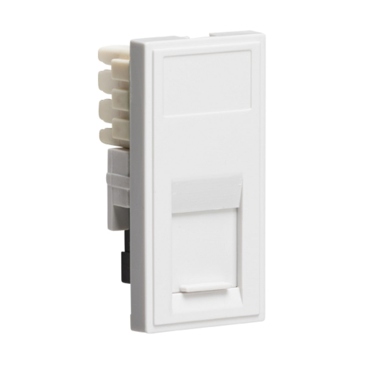 The RJ11 Outlet Module 25 x 50mm (IDC) in white is designed as a euro-module faceplate, featuring multiple connectors on the back for effortless installation. The front includes a single RJ11 outlet to ensure seamless network cable connection.