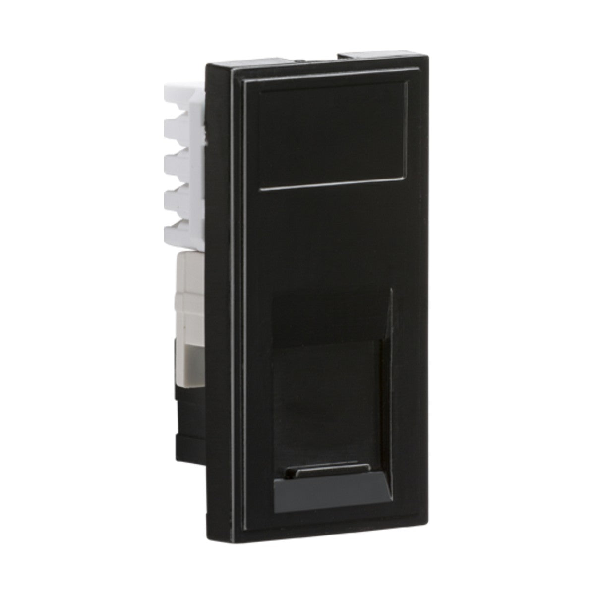 The UTP CAT5E RJ45 Outlet Module 25 X 50mm - Black is a black modular electrical switch with a slim, rectangular design viewed from an angle. It showcases its black front face and white back connectors, seamlessly integrating a networking outlet for easy connectivity.