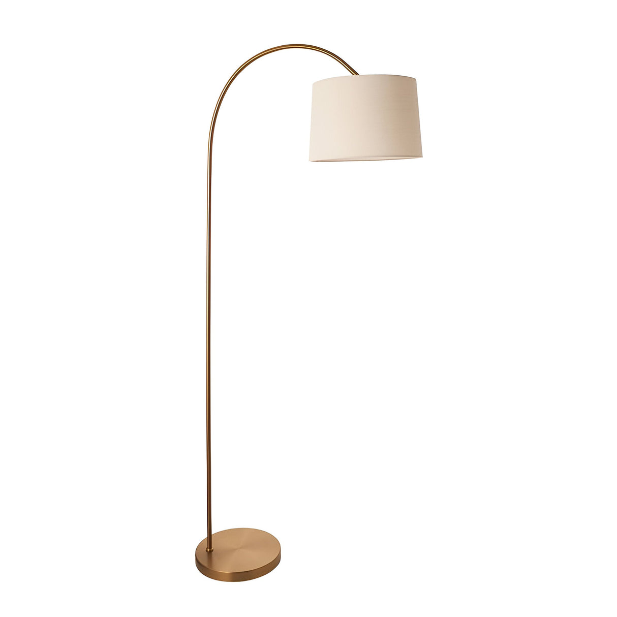 Endon Bevbourne arched floor lamp in brass finish with tilting natural fabric drum shade and round base, shown on a plain white background.
