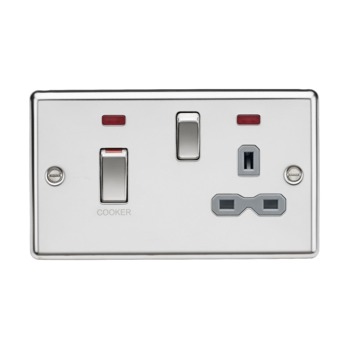 The 45A DP Switch and 13A Switched Socket Neons, featuring a grey insert and mounted on a polished chrome plate, combines functionality and style for modern kitchens. It includes a double wall power socket with a 13A plug outlet and two 45A switches, each highlighted by an above-positioned red indicator light.