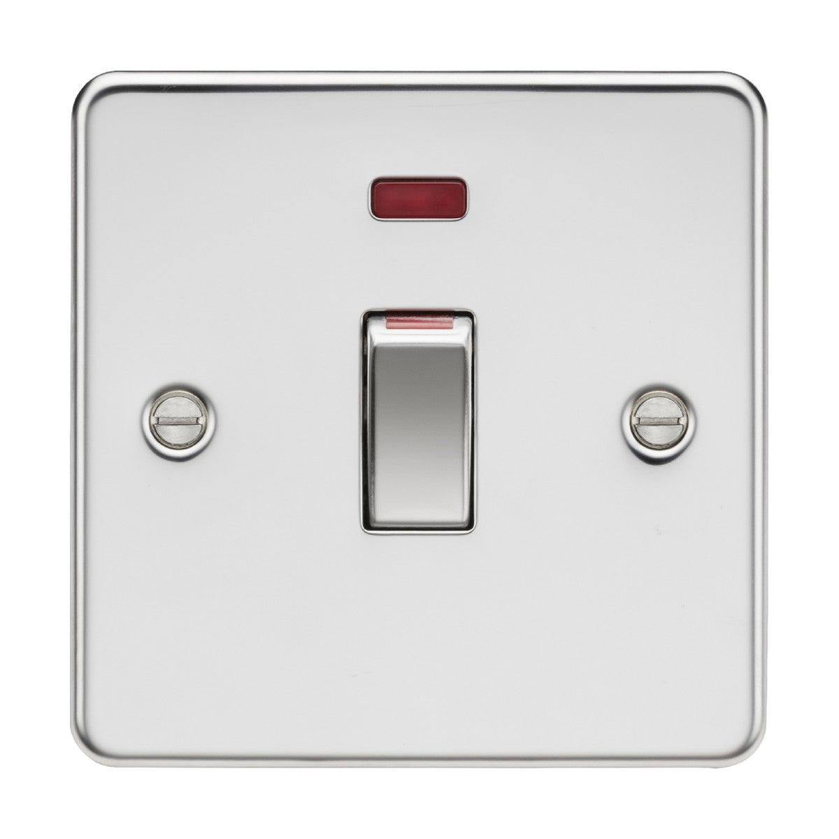 A 45A DP Neon Switch (1 Gang Size) with a red indicator light is set on a polished chrome flat plate. It features two visible screws for side mounting, which are typical of double pole installations. The switch is centered against a plain white background.