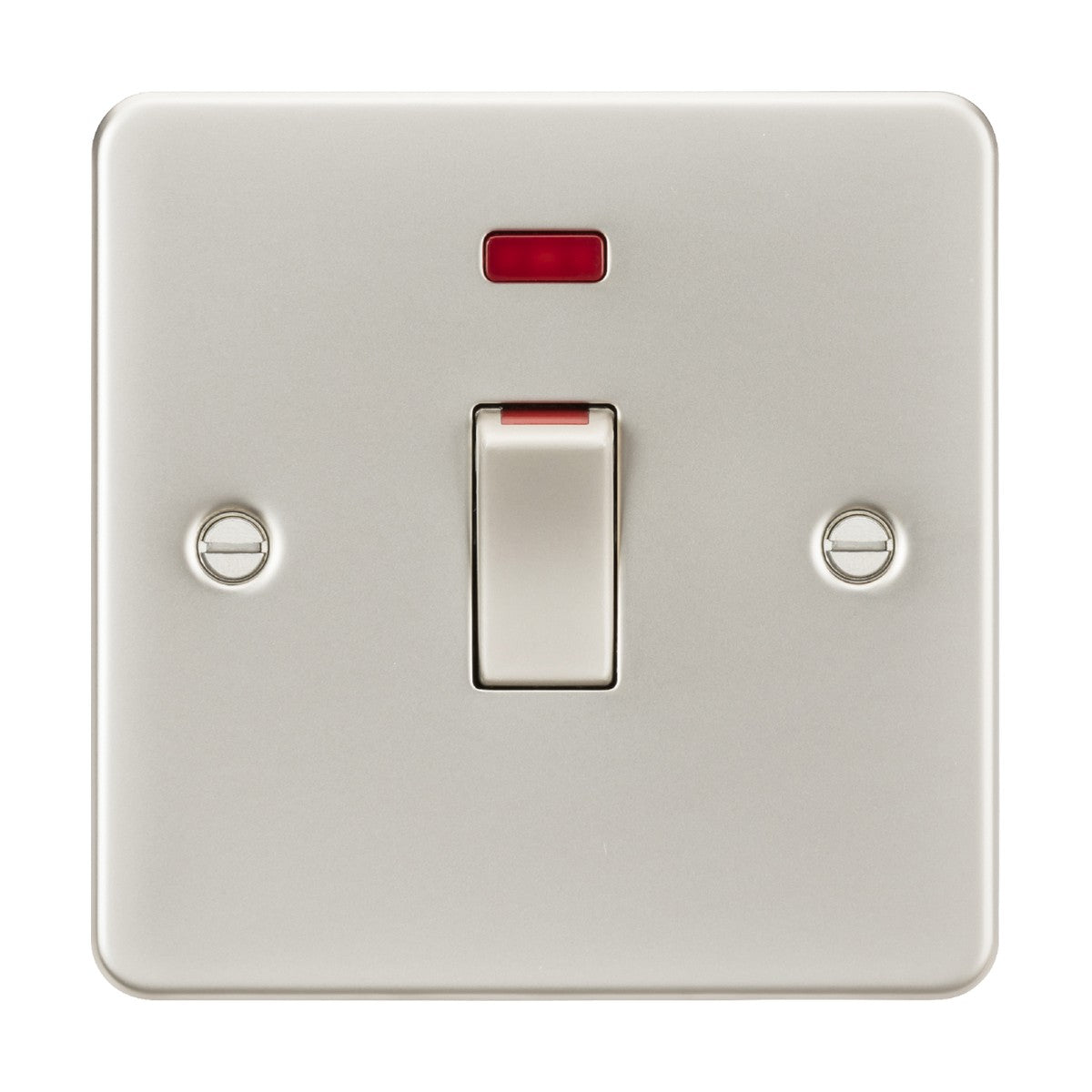 A close-up of a sleek, ultra low profile 45A DP Switch Neon (1 Gang Size) - Pearl with a red indicator light above it, mounted on a square plate featuring visible screws on each side, reminiscent of those used in double pole cooker control units.