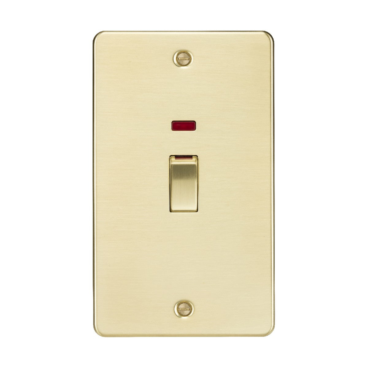 Displaying an ultra low profile design, the 45A DP Switch Neon (2 Gang Size) - Brushed Brass is installed on a beige wall. It boasts a rectangular design with a brushed brass finish, and includes a small red indicator light above the switch. The switch plate is securely fastened with two screws, positioned at the top and bottom.