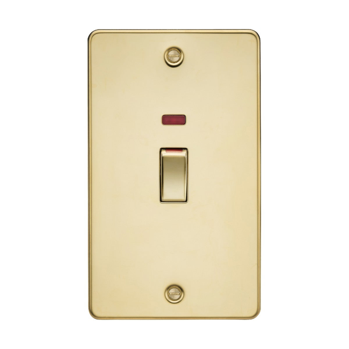 The 45A DP Switch Neon (2 Gang Size) - Polished Brass (Flat Plate) is gold-colored with a polished brass finish and features an ultra-low profile design. It includes a single toggle switch with a small red indicator positioned above it. The plate is securely held in place by two visible screws, placed one at the top and one at the bottom.