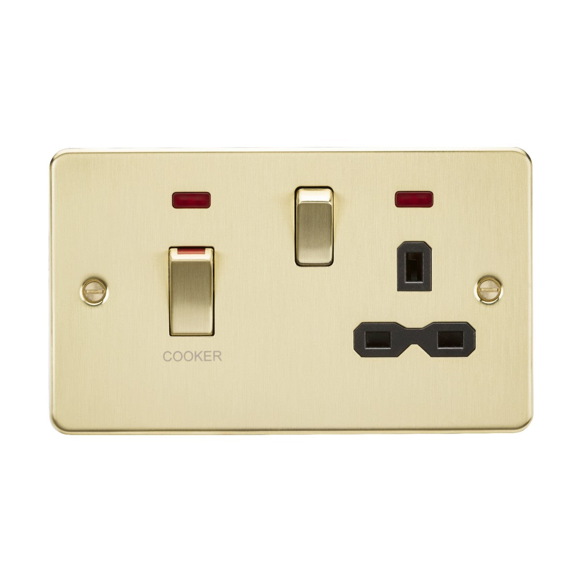 Introducing the 45A DP Switch & 13A Socket Neons - Brushed Brass (Black Insert), a golden electrical wall socket featuring a brushed brass finish. It comes with clearly labeled switches and sockets. The left 45A switch, marked "Cooker," includes an indicator light. The cooker control unit also offers a three-pin plug outlet and additional connection points, each equipped with its own indicator light.