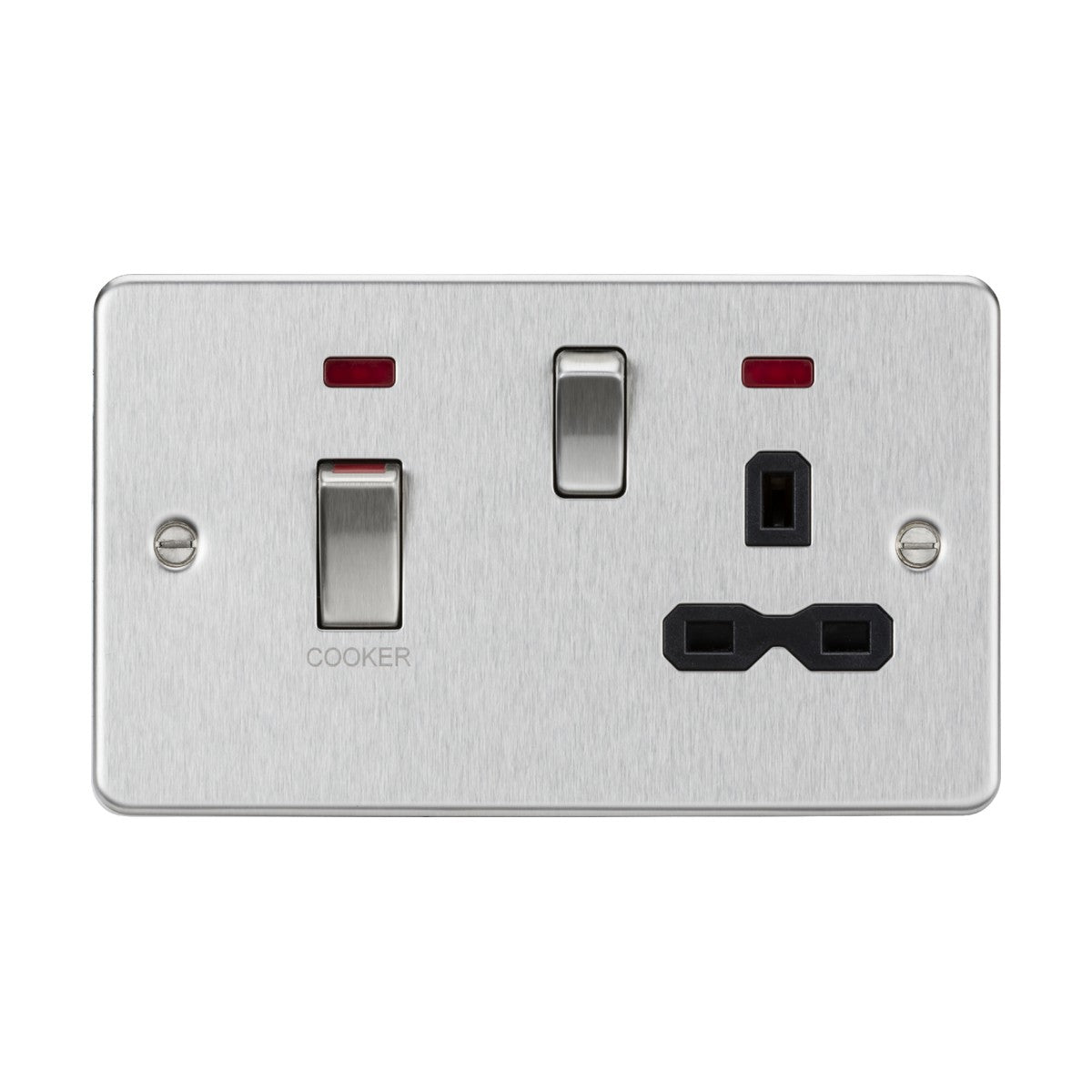 The 45A DP Switch & 13A Socket Neons in brushed chrome with a black insert and flat plate design features a powerful 45A switch for COOKER control and a convenient three-pin plug socket. Two red neon indicator lights are positioned above the switches to ensure safe operation.