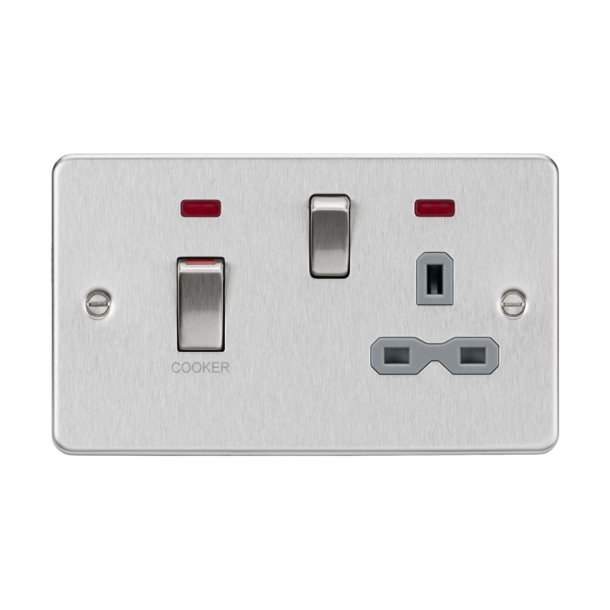 The product, named "45A DP Switch & 13A Socket Neons - Brushed Chrome (Grey Insert)," includes a brushed chrome double switch socket with a labeled 45A Cooker switch on the left and a standard three-pin power outlet on the right, each featuring red indicator lights above.