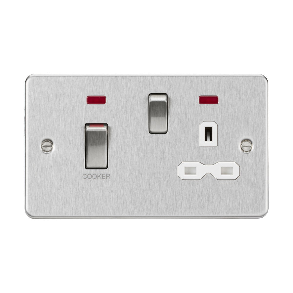 The 45A DP Switch & 13A Socket Neons in brushed chrome with a white insert and flat plate design includes switches, one labeled cooker. This silver double plug socket features two small rectangular red indicators above each switch and a three-prong outlet on the right side, typical of those found in cooker control units.