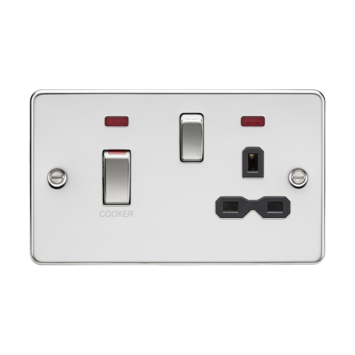 A 45A double pole switch and 13A socket with neons, featuring a polished chrome finish and black insert, offers an elegant design for modern cooker control units. With one round and two flat pin sockets, the switch is positioned to the right with an off configuration and includes a red indicator light labeled COOKER.