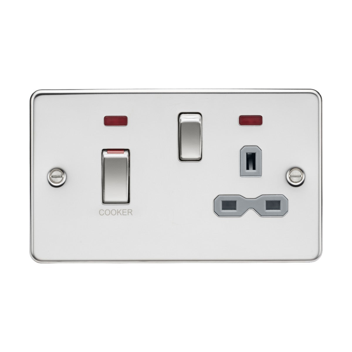 A 45A dual wall socket switch and cooker control unit with neon indicators on a polished chrome flat plate and a grey insert. This stylish connection point is ideal for kitchens or utility areas.