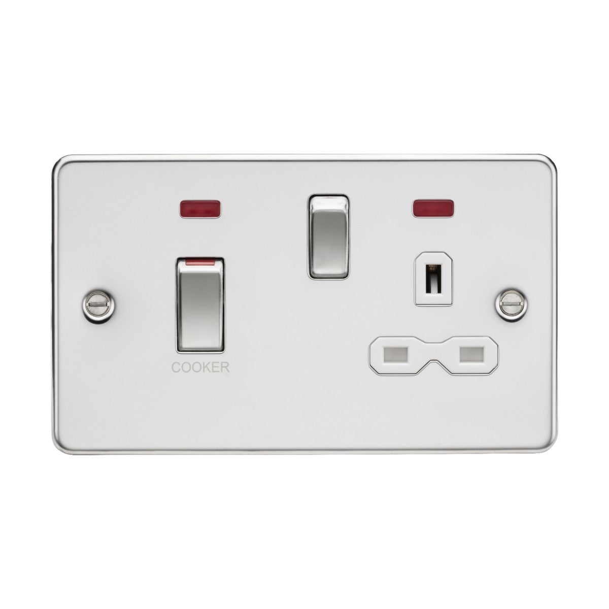 The product is a 45A DP switch and 13A neon socket in polished chrome with a white insert, featuring two switches including a dedicated 45A switch for COOKER, alongside a three-pin outlet and red indicator lights. This flat plate unit is designed for wall installation in cooker control units.