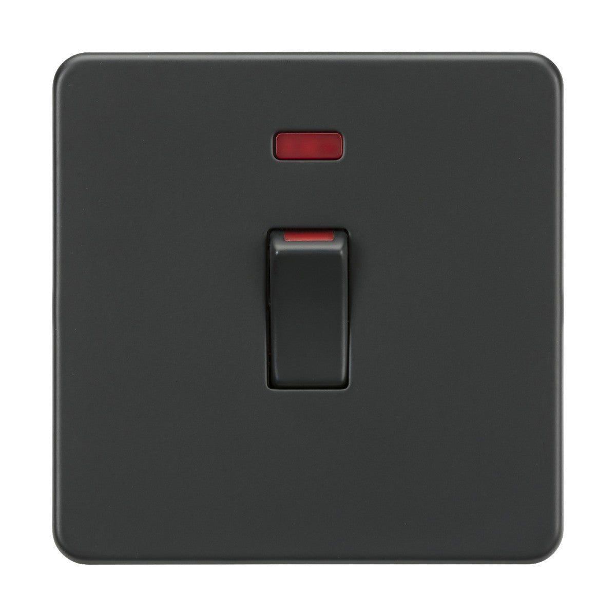 The 45A DP Switch Neon in anthracite is showcased, highlighting its sophisticated design. This 1 gang size switch, with a red neon indicator, is presented in the off position against a plain white background for a sleek appearance.