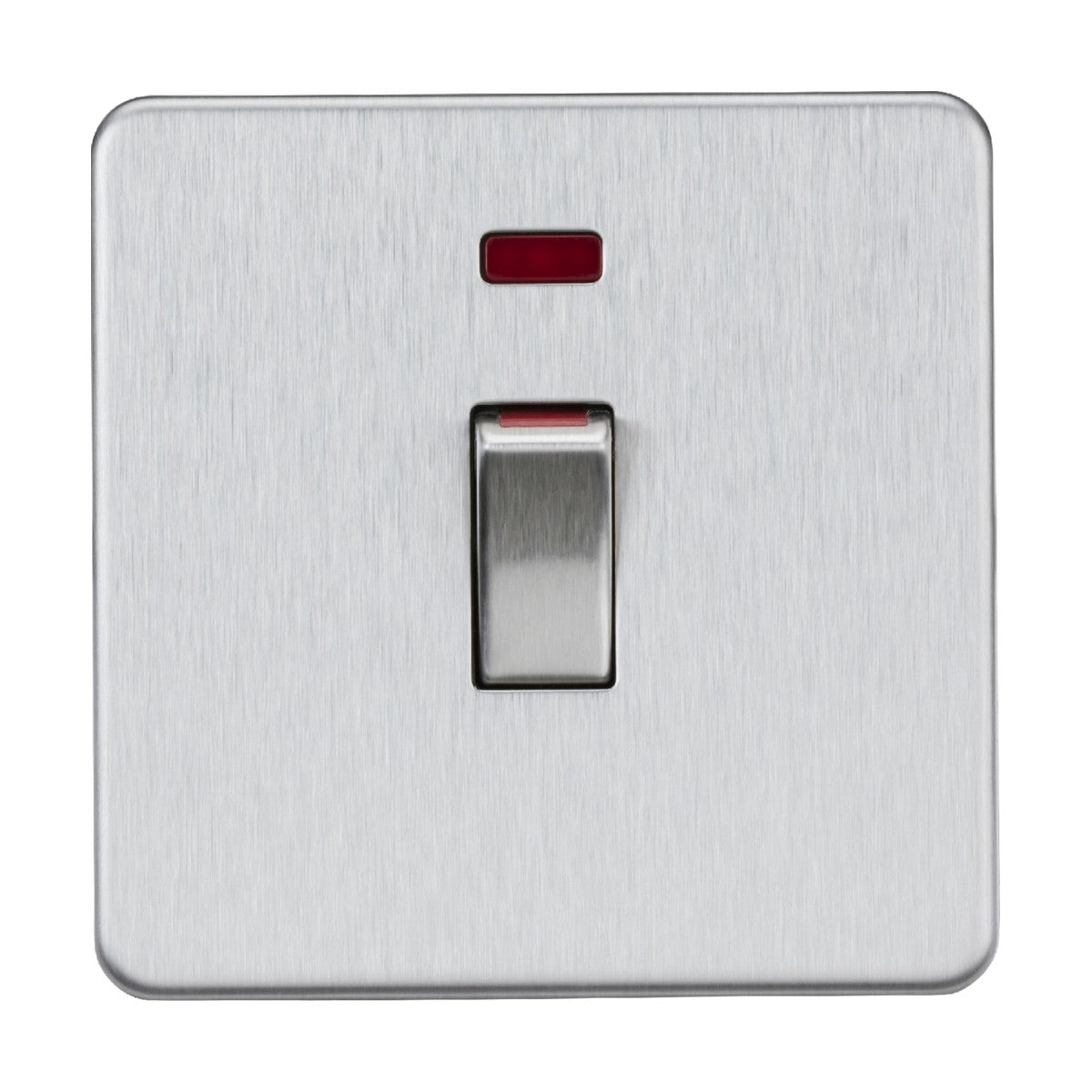 The 45A DP Switch Neon in a brushed chrome, screwless design includes a metallic finish and features a subtle red indicator above it, elegantly positioned on a square plate.