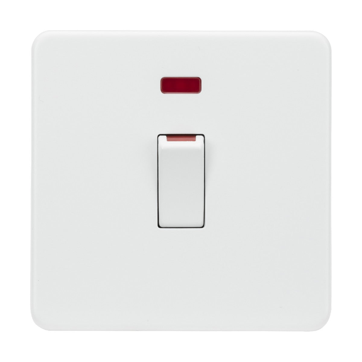 The 45A DP Switch Neon (1 Gang Size) in a matt white finish features a neon indicator on top, displayed against a plain white background. The switch is in the off position, highlighting its functionality similar to that of cooker control units.