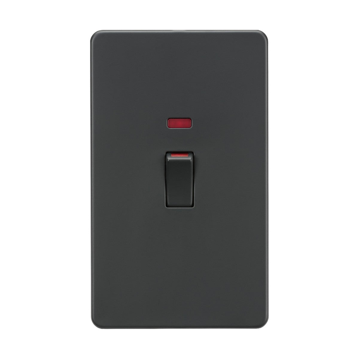 The image depicts an anthracite 45A double pole switch with a neon indicator in the off position, presented against a minimalist white background, similar to modern cooker control units.