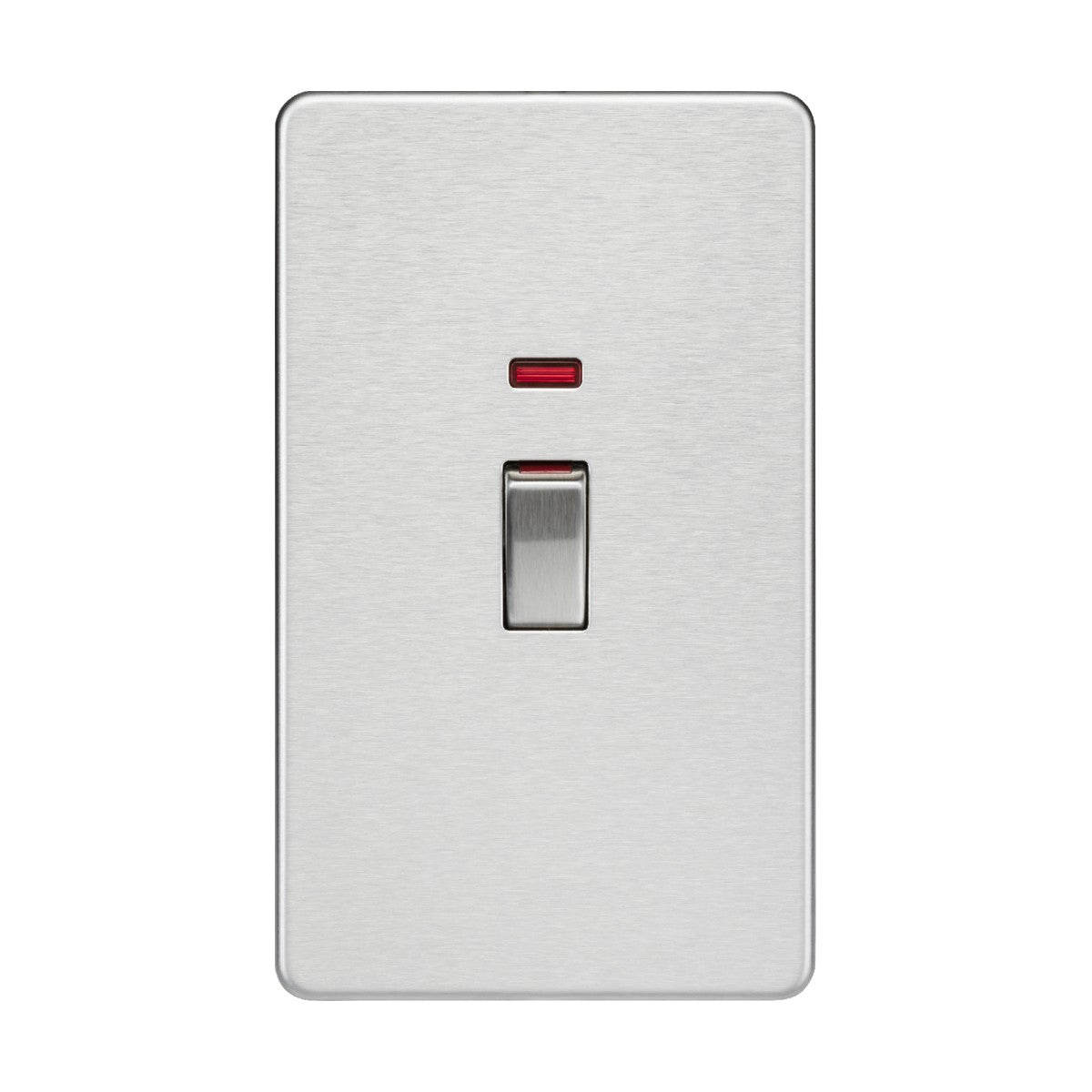 A 45A DP Neon Switch in a brushed chrome finish stands out against a white backdrop, its red indicator illuminated. The screwless, double pole switch is in the on position, exemplifying the stylish functionality typical of sophisticated cooker control units.