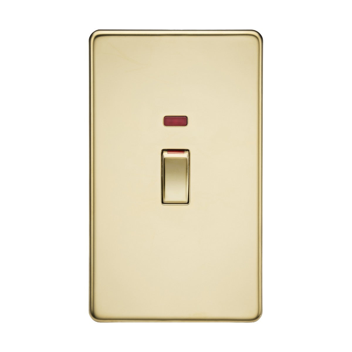 The 45A DP Switch Neon in a polished brass finish, with a screwless rectangular design, includes a central toggle switch and has a small red indicator light positioned above it, all set against a white background.