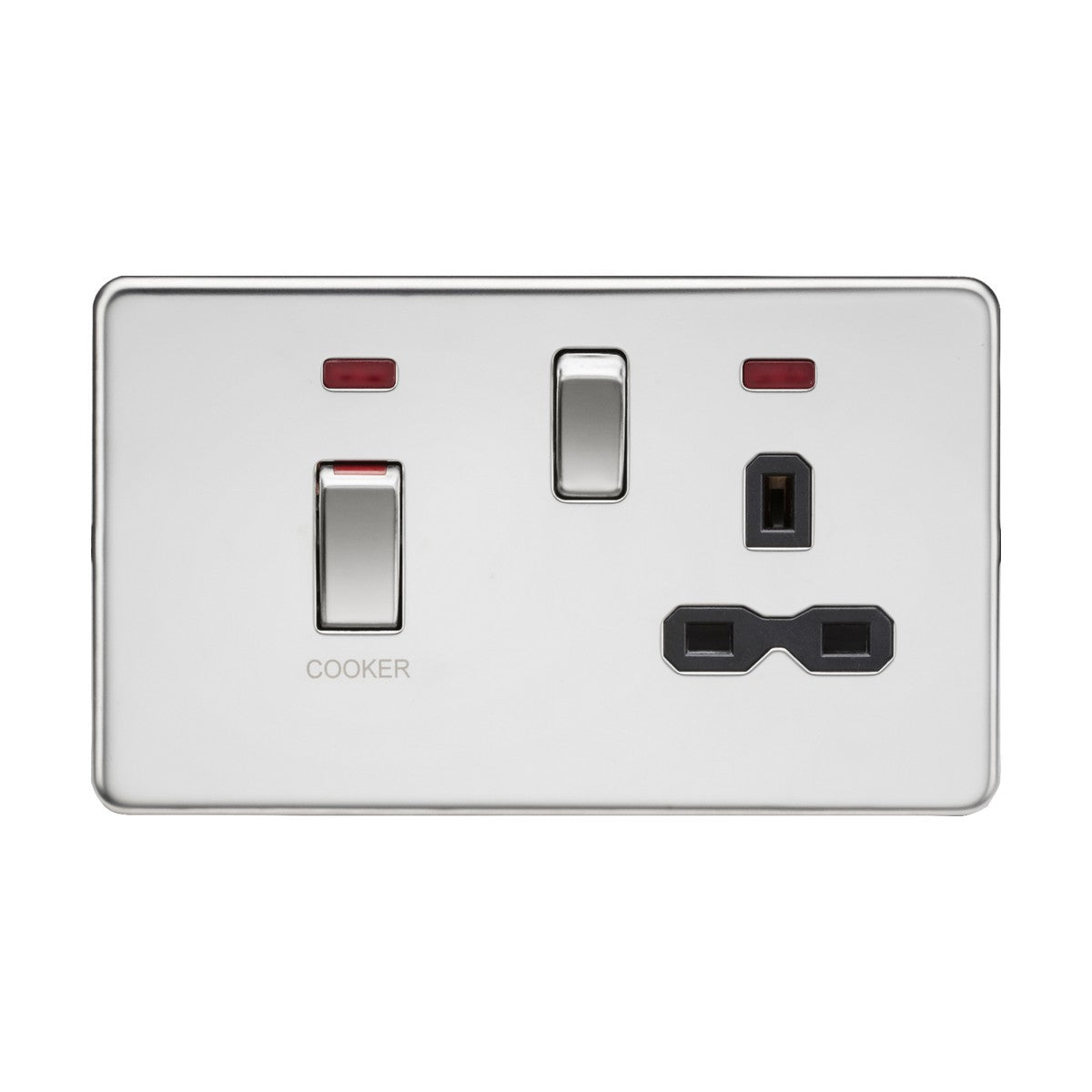 The 45A DP Switch & 13A Neon Socket in polished chrome, featuring a black insert, enhances your kitchen with its elegant design. The unit includes a versatile three-pin plug socket and a dedicated cooker control switch (45A), complemented by two red neon indicator lights for added functionality and style.